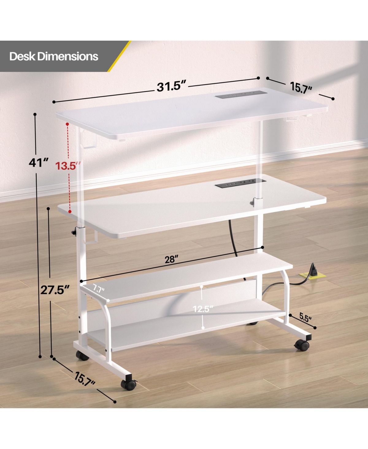 Aheaplus Small Height Adjustable Standing Desk with Power Outlets and Shelves, Max 41 Inches