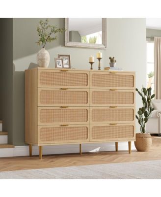 Rattan 8-Drawer Dresser, Tall Wood Chest with Wide Top, Large Storage Cabinet for Bedroom, Living Room, Hallway