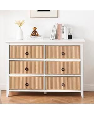 6-Drawer Modern Dresser with Fluted Panel Design, Wide Chest with Deep Storage Drawers and TV Stand Function, Ideal for Bedroom, Natural White
