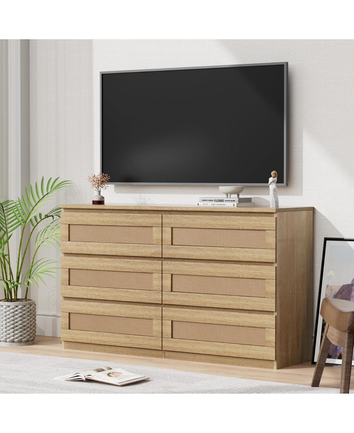 gaomon Rattan 6-Drawer Bedroom Dresser, Wide Wood Chest with Smooth Slide Rails and Anti-Tip Kit