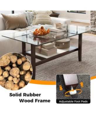 2-Tier Glass Coffee Table w/ Storage Shelf Solid Rubber Wood Legs for Office