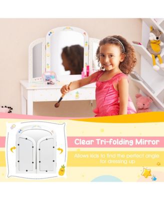 Kids Vanity Table Set Tri-Folding Mirror Pretend Play Dressing Large Drawer