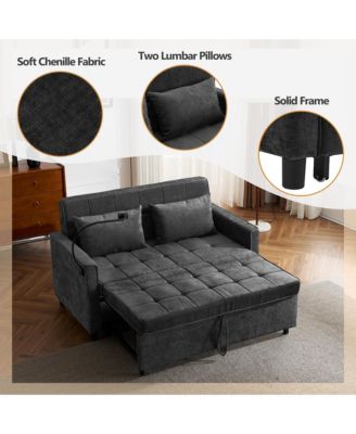 56.9" Loveseat Sofa Bed, Pull-Out Sleeper, Linen, Reversible Backrest, Side Pockets, USB Ports, Phone Holder