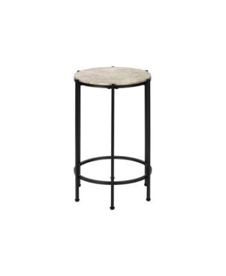 Accent Table, End, Round, Side Table, Small, Lamp, Living Room, Bedroom, Nightstand, Cream Stone Laminate, Black Metal, Contemporary
