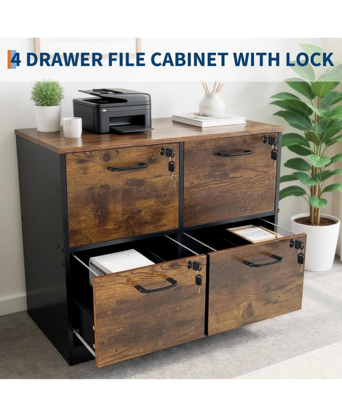 Gaomon 4 Drawer File Cabinet with Lock, Wooden Locked File Cabinets Printer Stand for Home Office, Lockable Filing Cabinet
