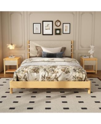  Modern Queen Bed Frame Set with 2 Nightstands, Beige Wood Platform Bed