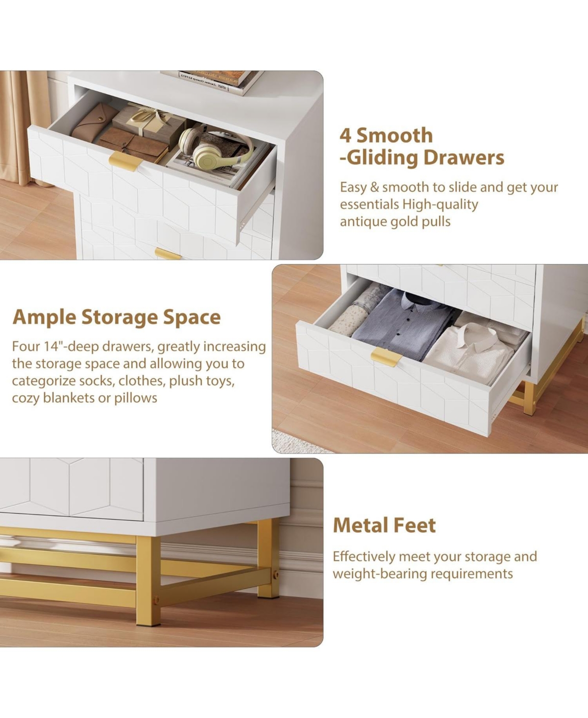 Gaomon Modern 4-Drawer Dresser with Gold Metal Legs & Handles, Wide Wood Storage Chest for Bedroom, Living Room & Hallway