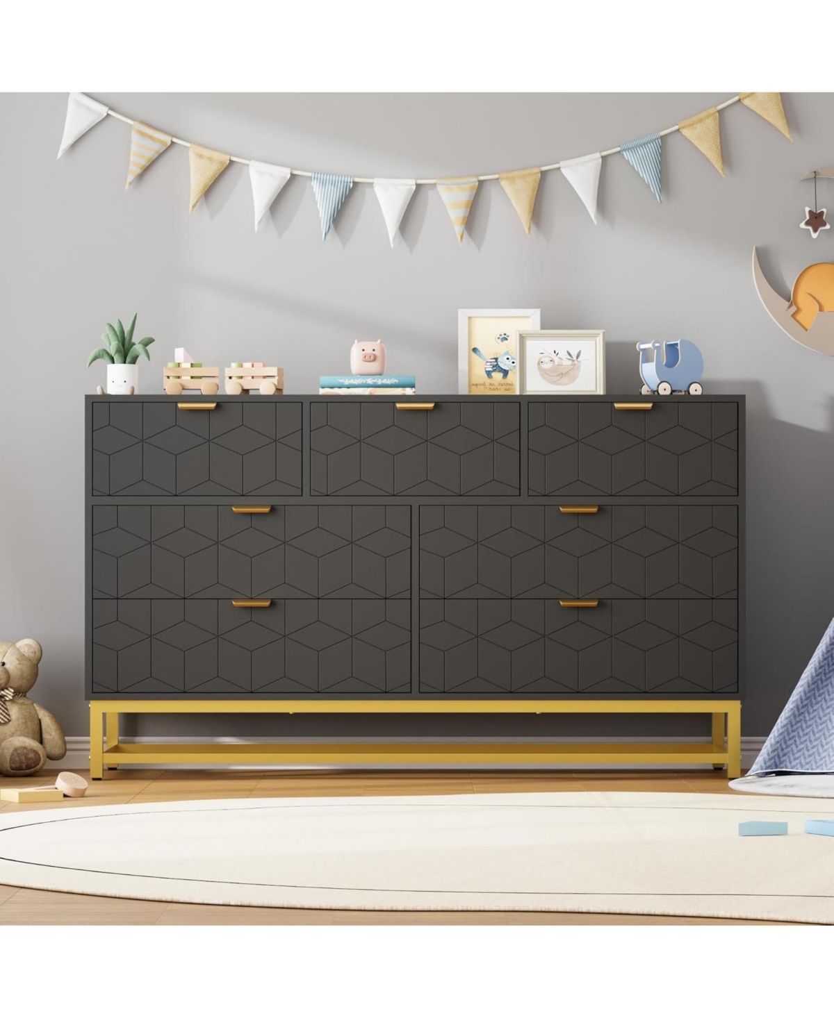 gaomon Modern 7 Drawer Dresser, Wide Chest with Gold Metal Legs & Handles, Wood Storage Organizer for Bedroom, Living Room, Hallway