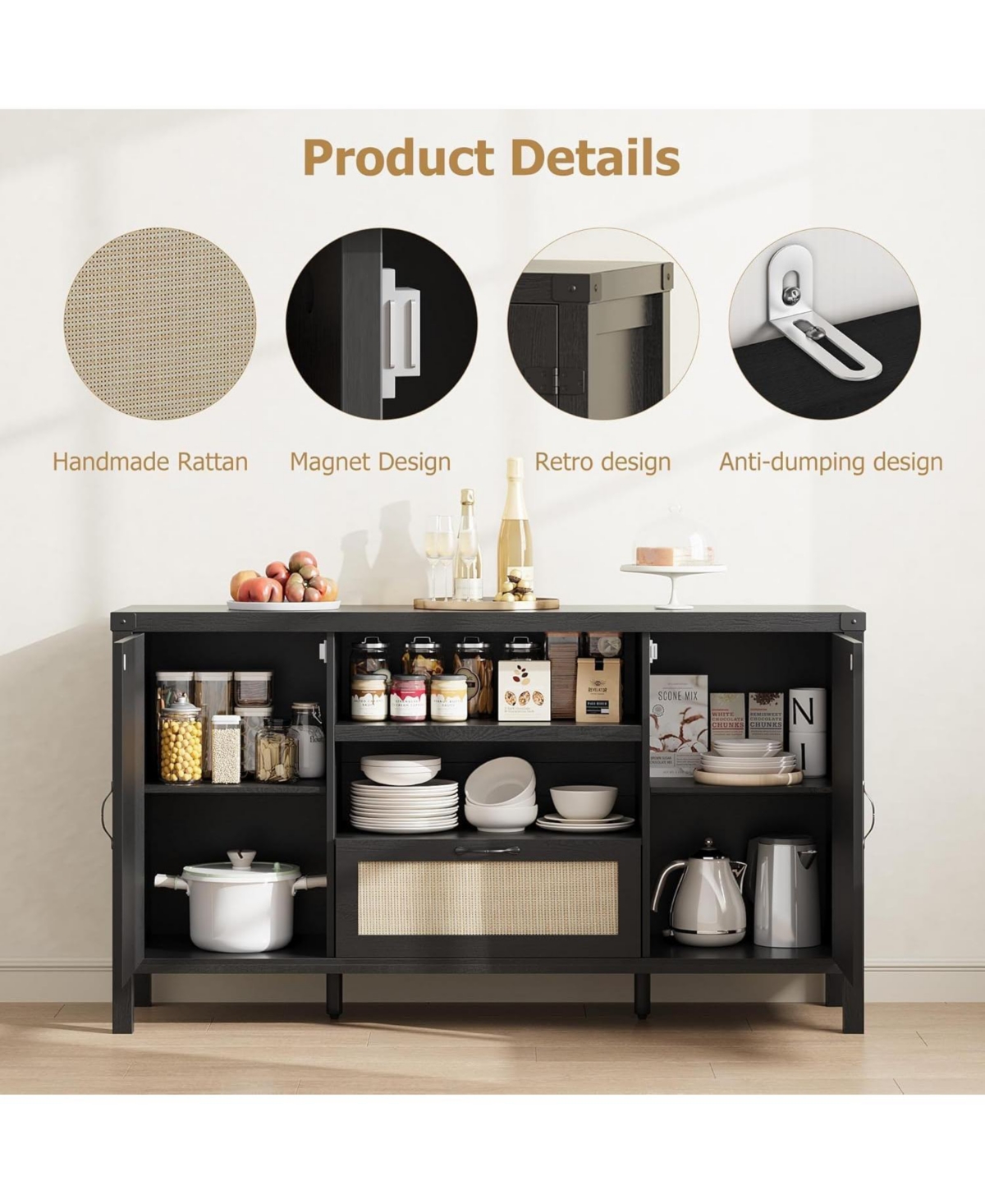 gaomon 59.1" Rattan Buffet Cabinet with Storage, Boho Farmhouse Sideboard Adjustable Shelves, Drawer, Doors, Kitchen Coffee Bar