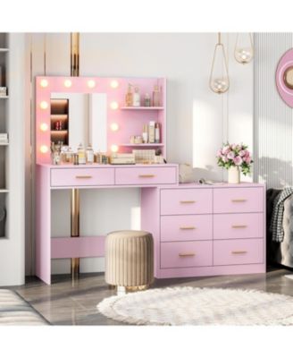 61" Vanity Desk with Mirror and Lights, 8 Drawers & 2 Shelves, 3 Lighting Modes, Makeup Vanity with Adjustable Brightness for Bedroom