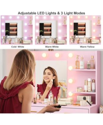 61" Vanity Desk with Mirror and Lights, 8 Drawers & 2 Shelves, 3 Lighting Modes, Makeup Vanity with Adjustable Brightness for Bedroom