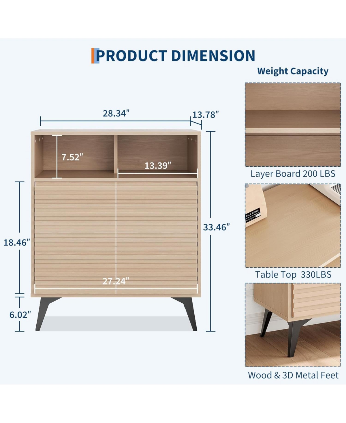 Gaomon Fluted Storage Cabinet with Metal Legs, Mid Century Modern Sideboard, Buffet Credenza for Living Room or Entryway