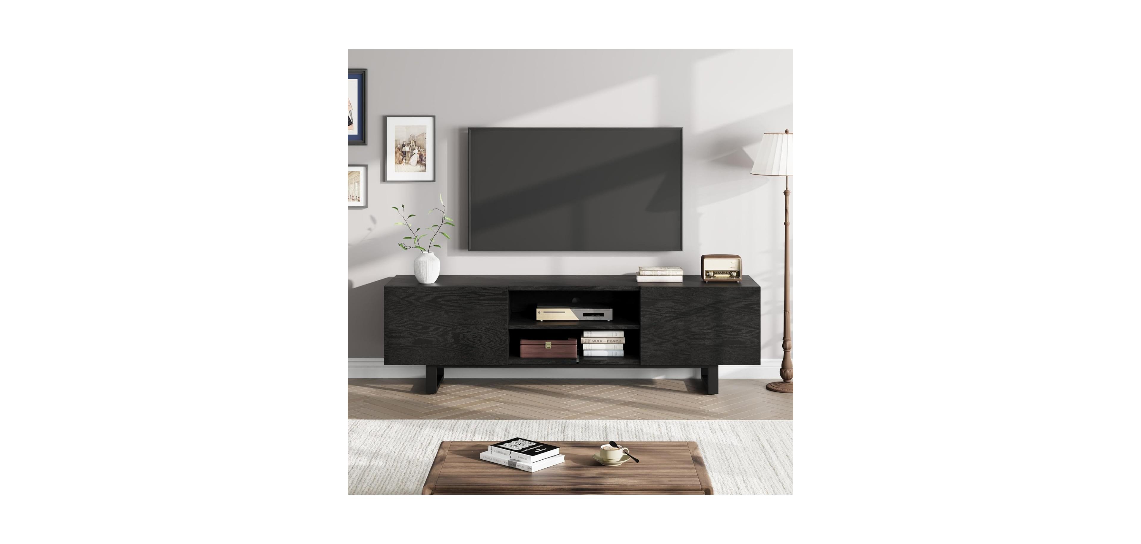 Gaomon Industrial Tv Stand for 80 Inch Tv, Modern Black Wood Entertainment Center with 2 Drawers, Heavy Duty Metal Legs, Open Storage
