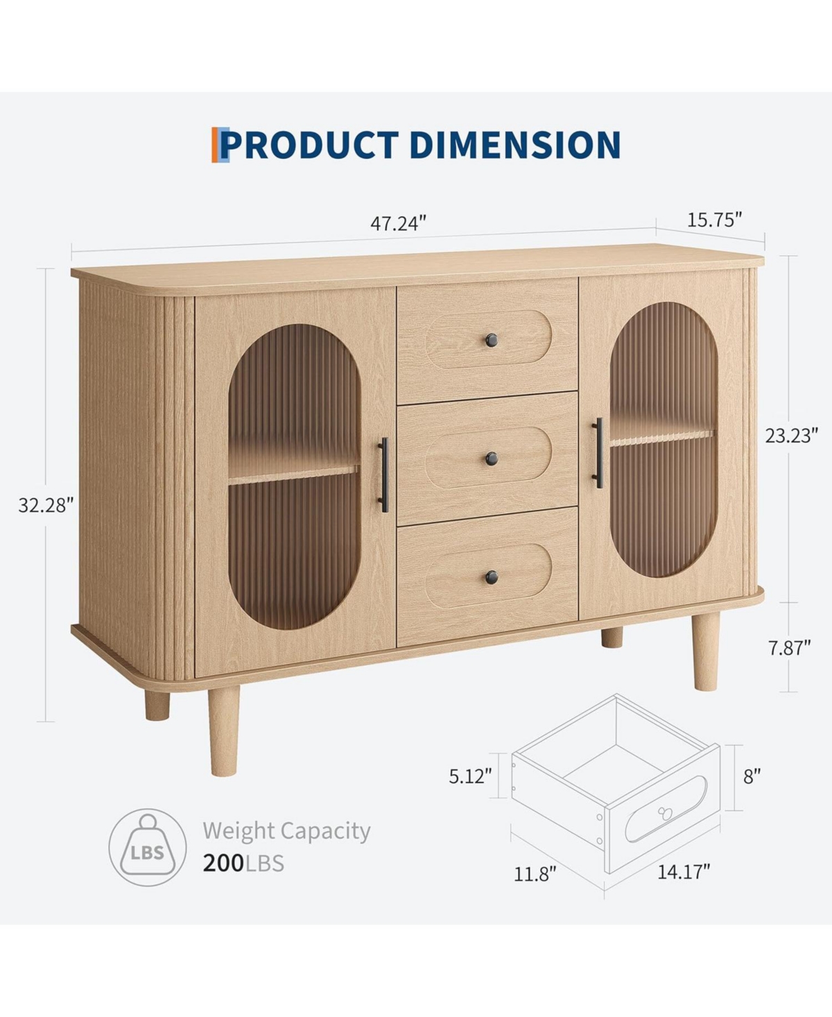 Gaomon 47" Sideboard Buffet Cabinet with Fluted Glass Doors, 3 Drawers, Adjustable Shelves, Modern Farmhouse Coffee Bar Storage