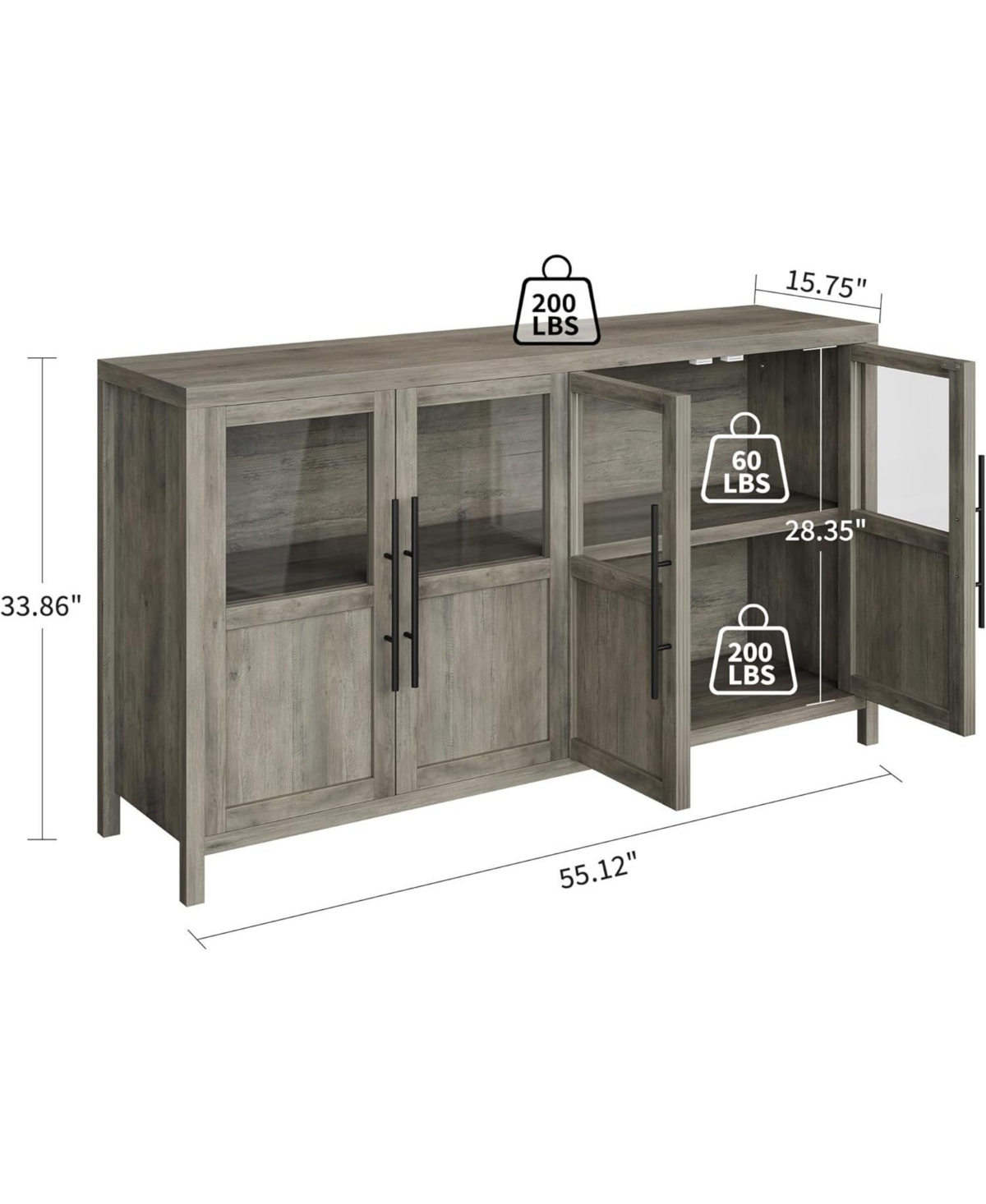 55" Sideboard Buffet Cabinet with 4 Glass Doors, Display Coffee Bar & Wine Storage, Modern Farmhouse Credenza for Dining Room, Kitchen, Living Ro
