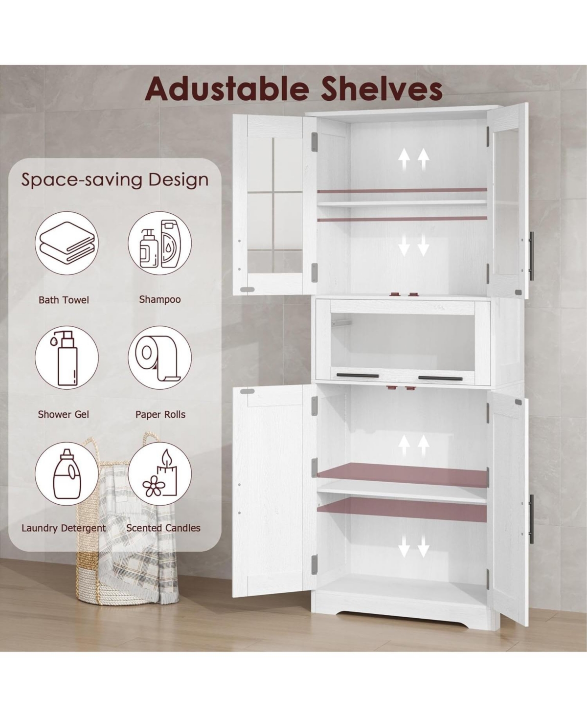 Gaomon 67" Tall Bathroom Storage Cabinet with Glass Doors, Adjustable Shelf & Drawer, Freestanding Pantry Cupboard for Small Spaces