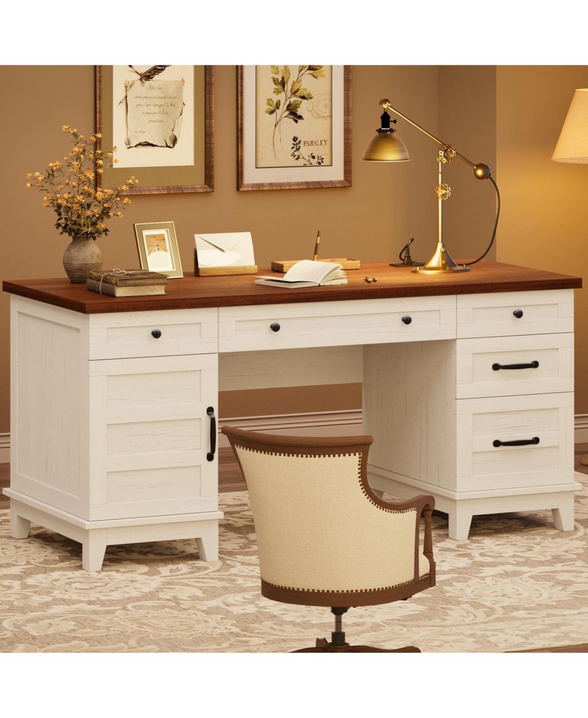 Gaomon 60" Farmhouse Executive Desk with File Drawers, Charging Station, Cabinet Storage, Home Office Computer Writing Desk