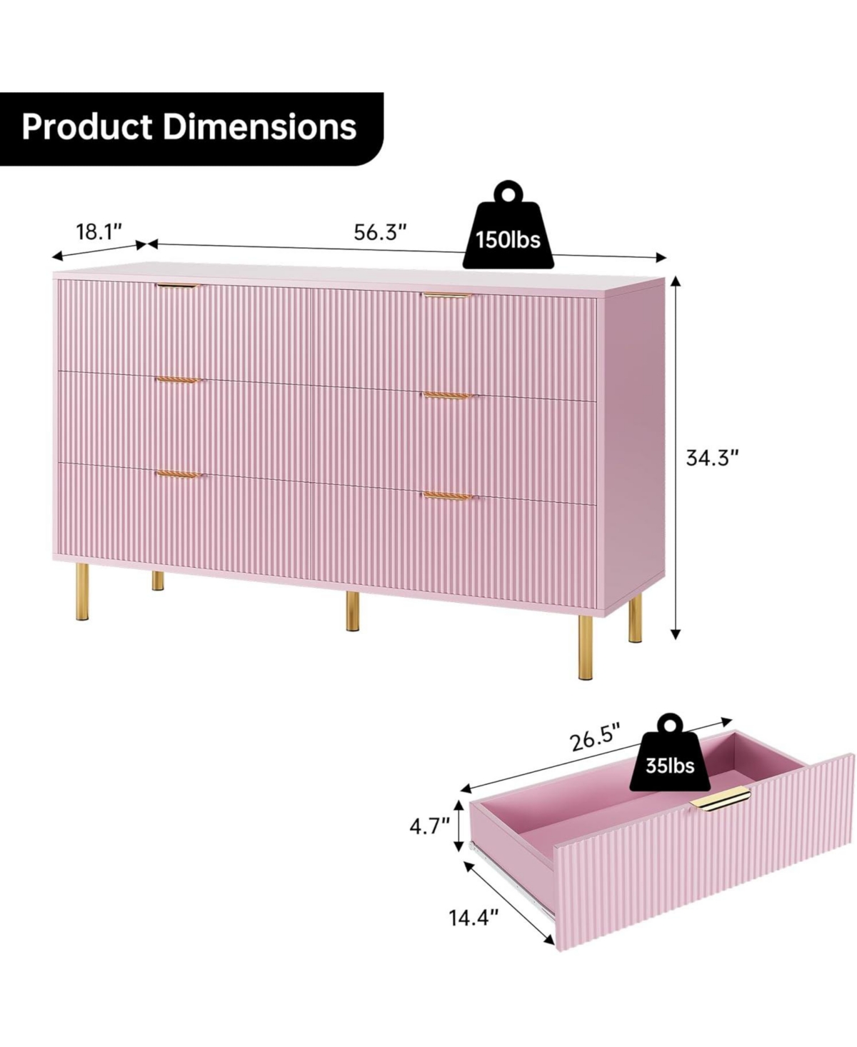 Gaomon Pink 6 Drawer Dresser, Modern Wood Double Chest of Drawers with Gold Handles, Large Storage Organizer for Bedroom, Living Room
