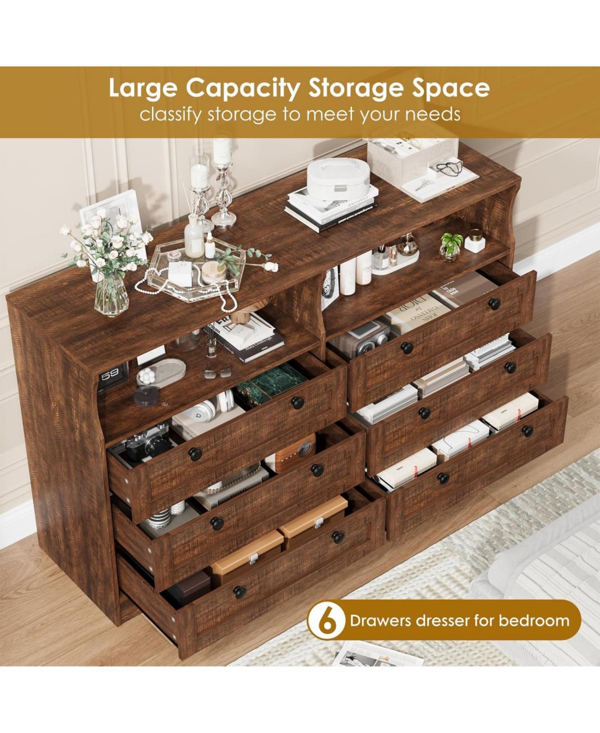 gaomon Wooden 6-Drawer Bedroom Dresser Chest