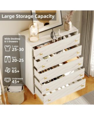 Farmhouse 5 Drawer Dresser, 44" Tall White Wood Chest with Bar Handles and Rustic Texture for Bedroom, Living Room, Entryway