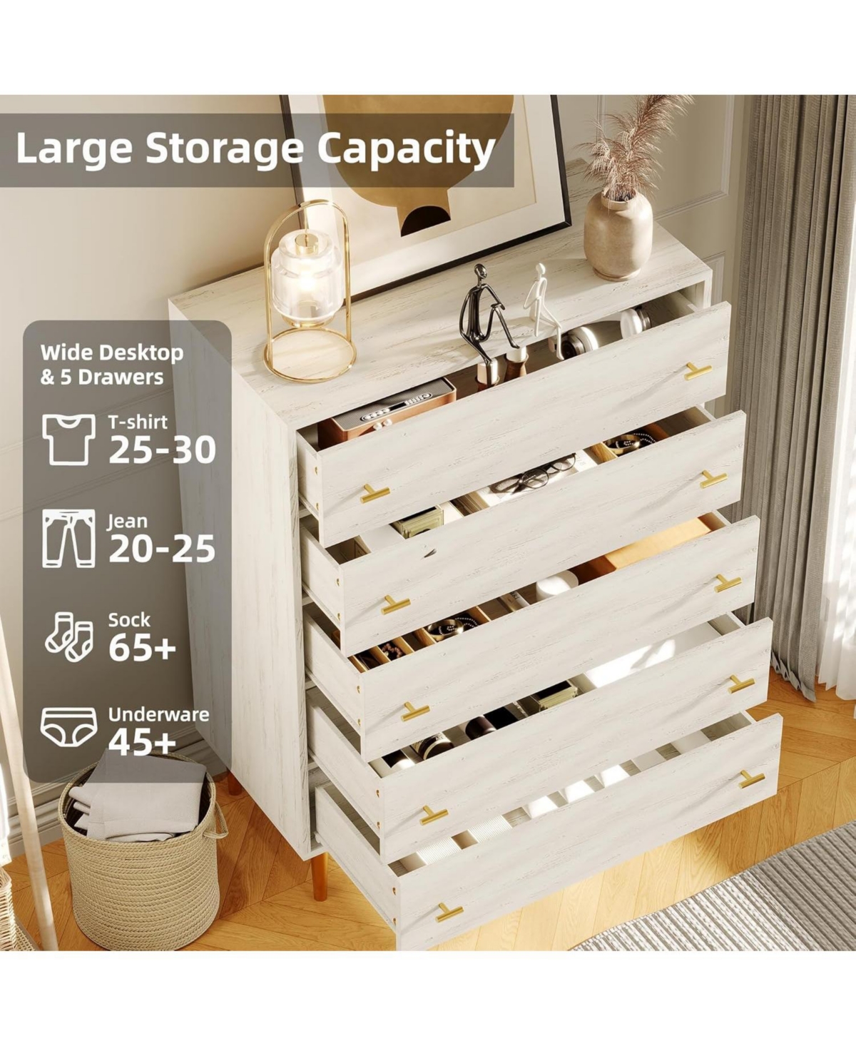 Gaomon Farmhouse 5 Drawer Dresser, 44" Tall White Wood Chest with Bar Handles and Rustic Texture for Bedroom, Living Room, Entryway