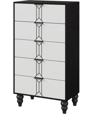 5-Drawer Wooden Oak & Gold Modern Tall Dresser with Deep Storage