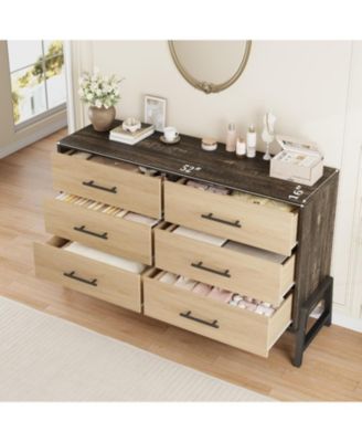 52" Wide 6-Drawer Closet Dresser, Freestanding Wooden Storage Cabinet for Bedroom & Living Room, Natural Oak