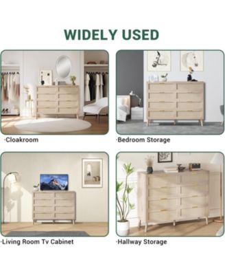 8 Drawer Oak Dresser for Bedroom, Natural Rattan Chest with Gold Handles, Slim Wood Cabinet for Entryway or Living Room