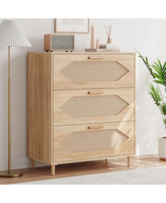 3 Drawer Rattan Dresser for Bedroom, Rattan Modern Dresser Wood Chest of Drawers, Wooden Storage Cabinets for Bedrooms