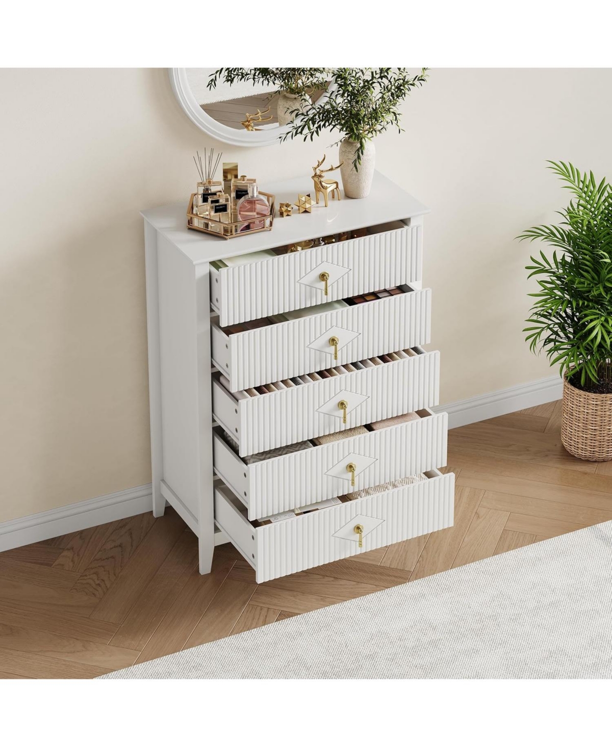 gaomon Fluted Dresser for Bedroom 43" Tall, 5-Drawer Modern Wood Chest, Space-Saving Storage Cabinet Living Room, Hallway, or Entryway