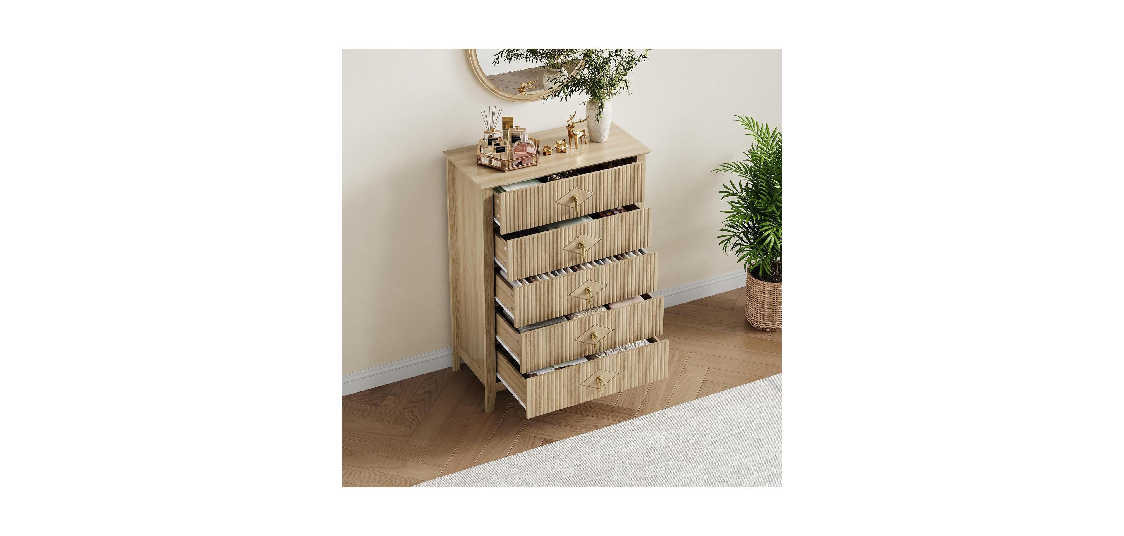 gaomon Fluted Dresser for Bedroom 43" Tall, 5-Drawer Modern Wood Chest, Space-Saving Storage Cabinet for Living Room, Hallway, or Entryway