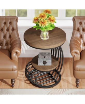 Round End Side Table Set of 2: Side Table with 2 Tiers Storage Shelves, Vintage End Table