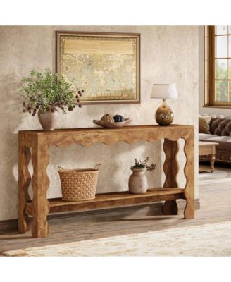 63" Narrow Long Entryway Table, 2-Tier Modern Farmhouse Entry Table, Light Brown