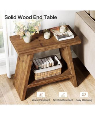 Solid Wood End Table for Living Room, Narrow Small Side Table with 2-Tier Storage
