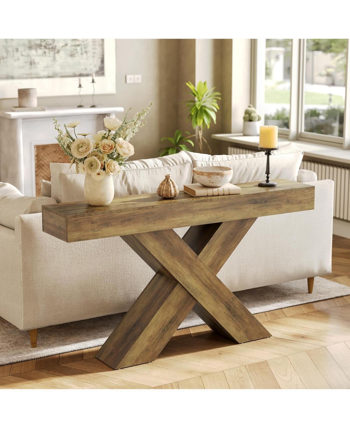 Tribesigns Console Table, 55-Inch Entryway Table with X-Shaped Design, Narrow Sofa Table, Rustic Brown