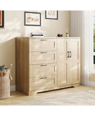 Storage Cabinet with 4 Drawers and 2 Doors, Freestanding Wardrobe with Hanging Rod