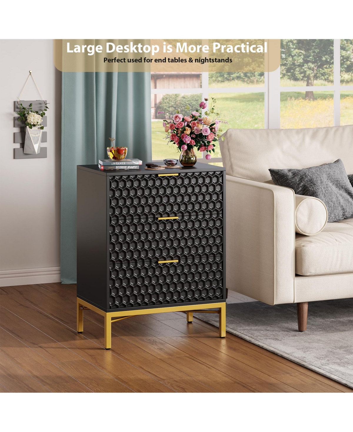 gaomon Modern 3 Drawer Dresser, Nightstand with Wide Top, Chest of Drawers