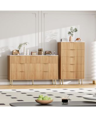 Fluted Wood 5-Drawer for Bedroom, Modern Chest, Tall Dresser