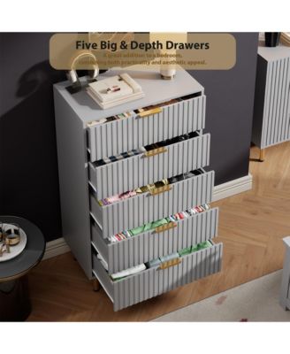 Fluted 5 Drawer Storage Dresser, Tall Modern Chest with Ample Deep Drawers and Wide Top