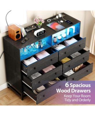 6-Drawer Wide Bedroom Dresser with Charging Station and LED Lights, Modern Large Capacity Storage Cabinet, Pink