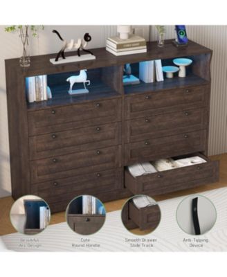 8-Drawer Bedroom Dresser with Charging Station & LED Lights, Modern Wide Wooden Chest for Bedroom Living Room Hallway Entryway