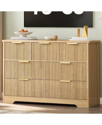 7-Drawer Fluted Bedroom Dresser, Long Wood Storage Cabinet with Metal Handles, Modern TV Stand and Wicker Drawer Chest, Natural Oak