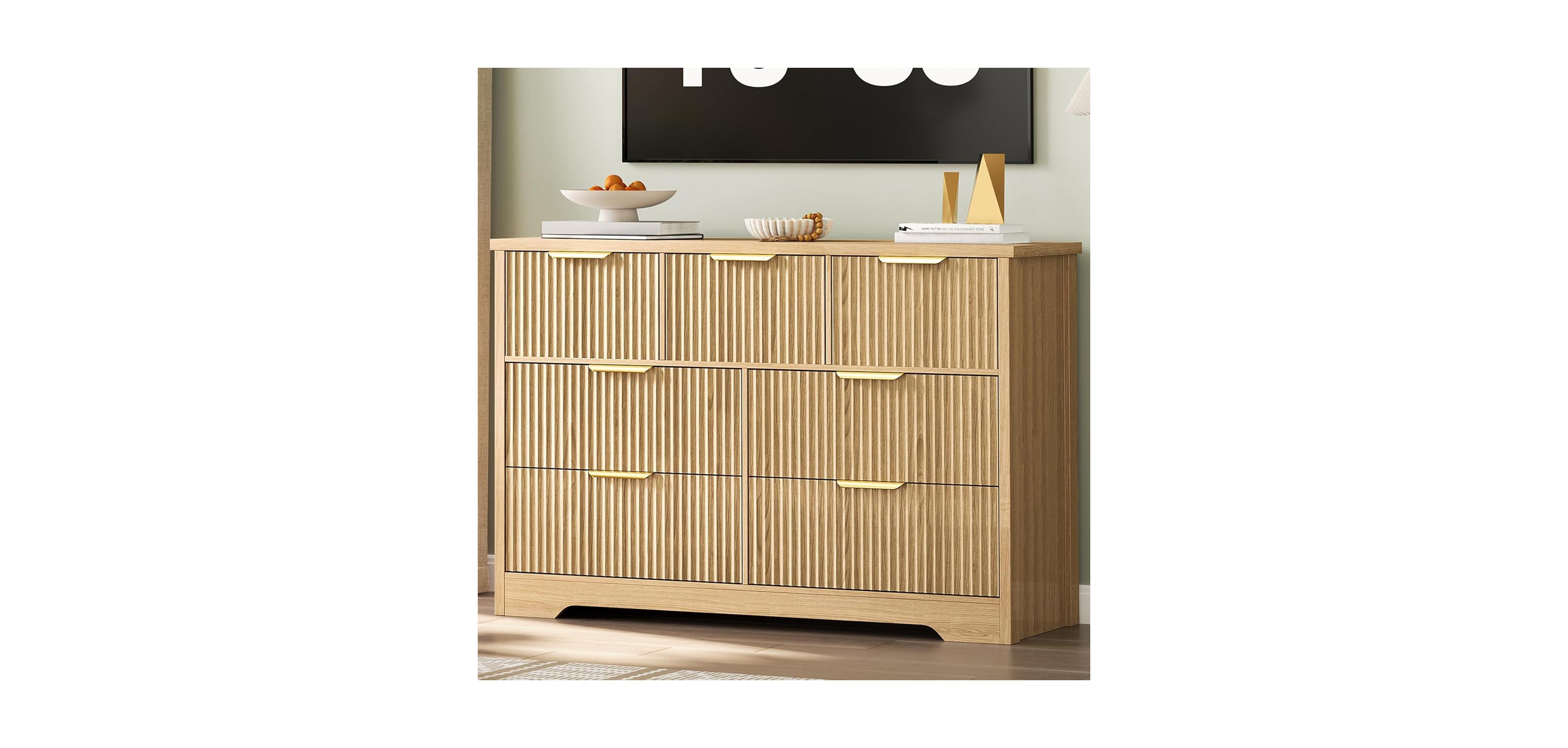 gaomon 7-Drawer Fluted Bedroom Dresser, Long Wood Storage Cabinet with Metal Handles, Modern Tv Stand and Wicker Drawer Chest, Natural Oak