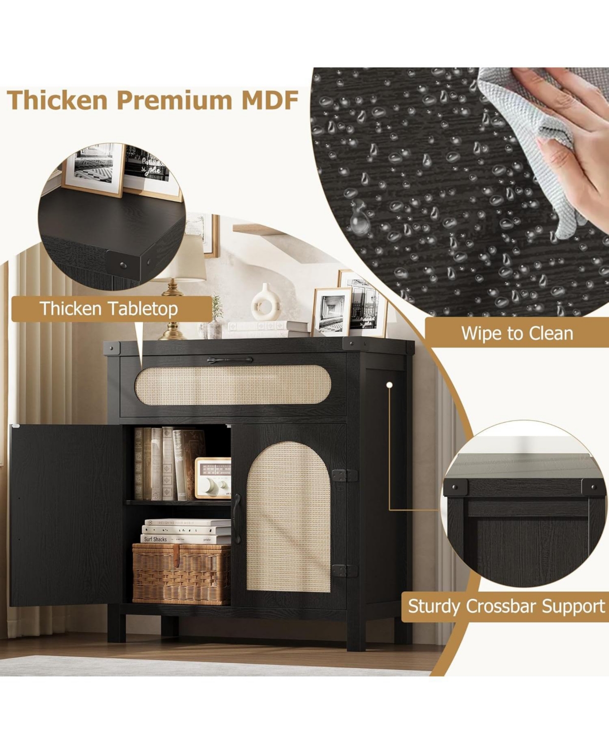 gaomon Rattan Sideboard Buffet Cabinet with Drawer, Farmhouse Kitchen Accent Storage, Boho Wooden Coffee Bar Console