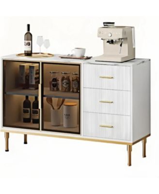 46.4" Fluted Buffet Sideboard Cabinet, Large Kitchen Storage with 2 Glass Doors, 3 Drawers & Shelves, Faux Marble Top Table