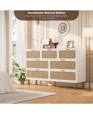 Rattan 7-Drawer Bedroom Dresser, Tall Modern Chest with Deep Drawers, Wide Top Wooden Closet Organizer for Living Room, Hallway, Kids Room