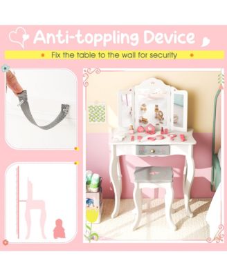 MDF Wood Tri-Folding Acrylic Mirror, Removable Mirror, Anti-Tip Safety, Includes Accessories Kids Vanity Set