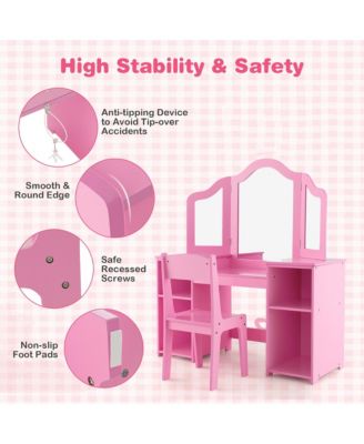 Kids Vanity 2 in 1 Princess Makeup Desk & Chair Set Safe Tri-fold Mirror