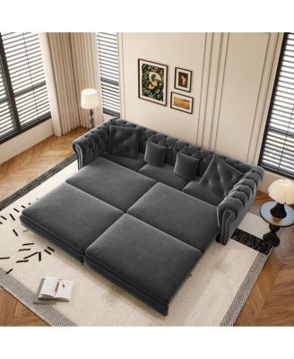 89" Sleeper Sofa Bed, King Size Velvet Pull-Out Couch with Chaise Lounge & Ottoman, 3-in-1 Tufted Sofa for Living Room