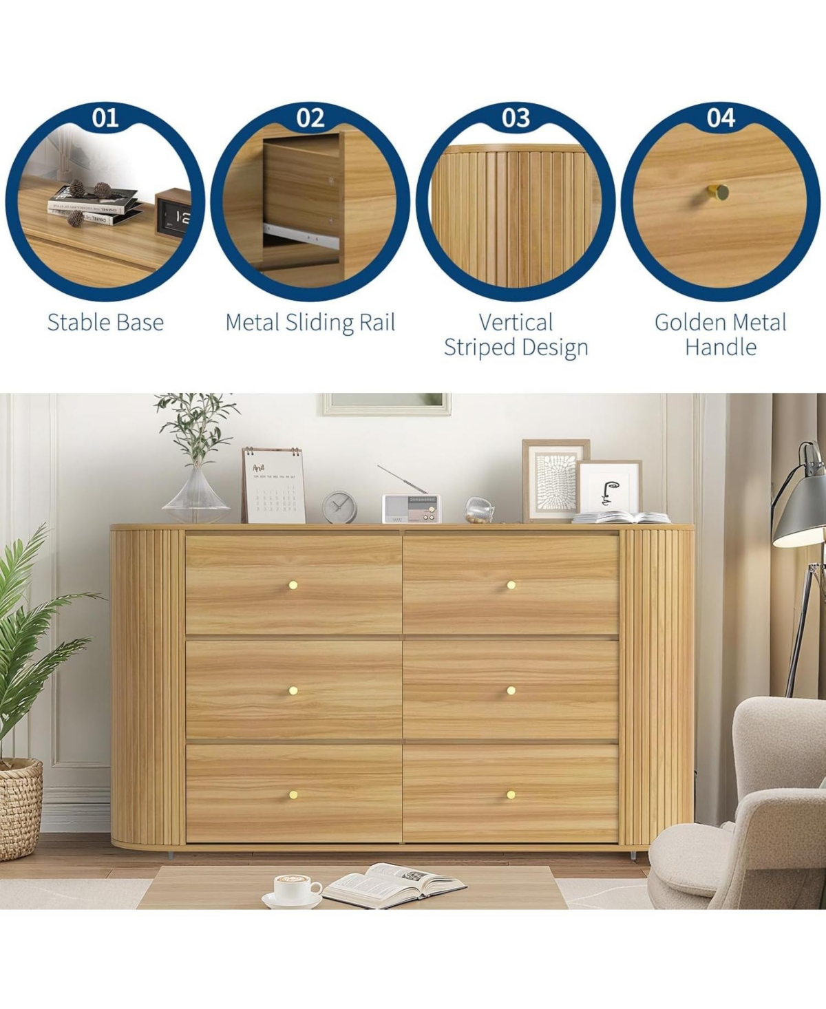 gaomon 60in Mid Century Wooden Dresser with 6 Drawers 2 Sliding Doors, Oak Fluted Storage Cabinet